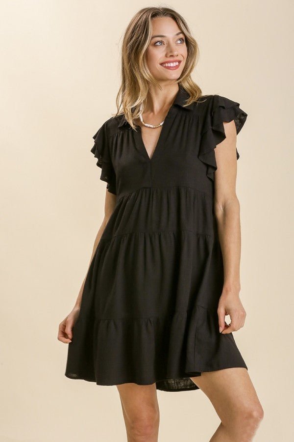 a0195-black-1.jpg Umgee Black Linen Blend Tiered Dress with Ruffled Sleeves - Image 1