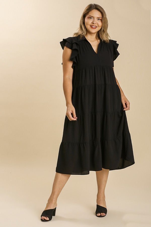 wa6973-black-2.jpg Umgee Tiered Midi Dress with Ruffled Sleeves in Black ON ORDER - Image 1